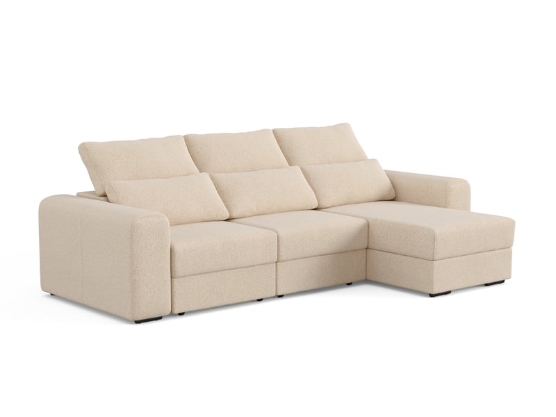 Canapé Butler Conforama : un angle relax manuel beige sable avec coffre et têtières pour grands salons - Canapé Conforama