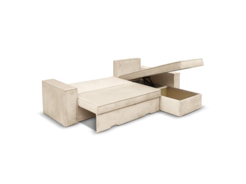 Canapé Caelia Usinestreet : un angle convertible en velours beige avec trois coffres de rangement - vue détaillée