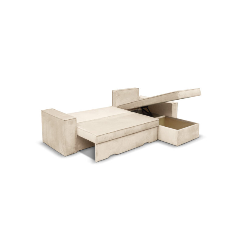 Canapé Caelia Usinestreet : un angle convertible en velours beige avec trois coffres de rangement - Canapé UsineStreet