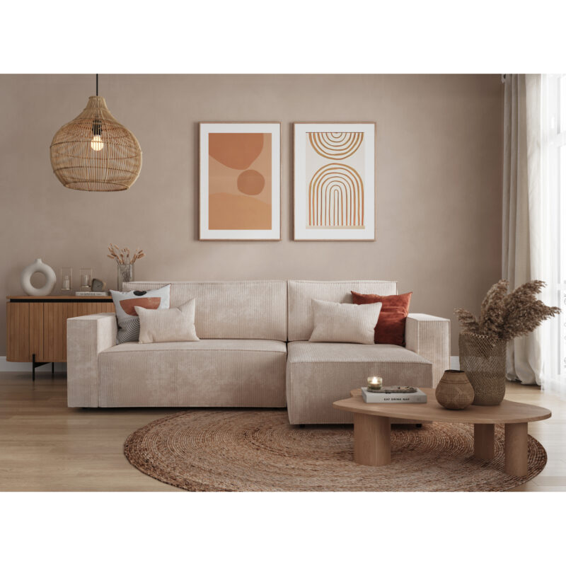 Canapé Clarisse Usinestreet : un angle convertible en velours côtelé beige avec coffre intégré - Canapé UsineStreet