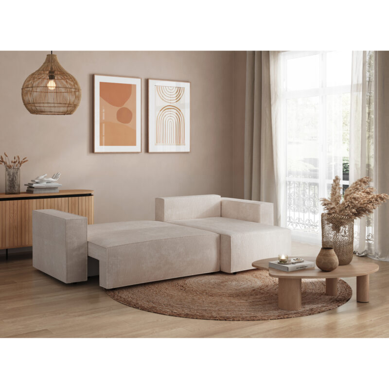 Canapé Clarisse Usinestreet : un angle convertible en velours côtelé beige avec coffre intégré - Canapé UsineStreet