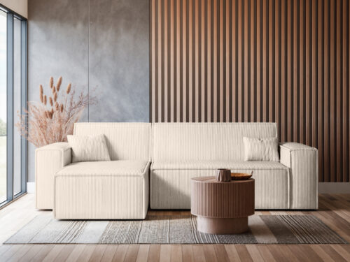 Canapé Farah Usinestreet : un angle convertible en velours côtelé beige pensé pour les petits espaces malins - vue détaillée