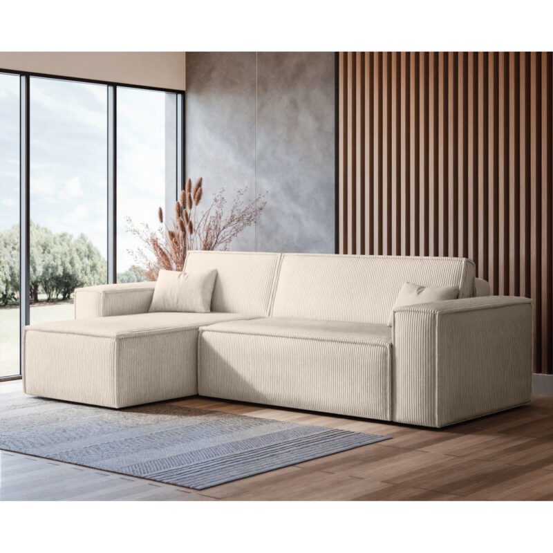 Canapé Farah Usinestreet : un angle convertible en velours côtelé beige pensé pour les petits espaces malins - Canapé UsineStreet