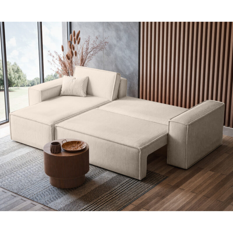 Canapé Farah Usinestreet : un angle convertible en velours côtelé beige pensé pour les petits espaces malins - Canapé UsineStreet