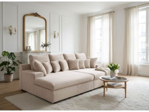 Canapé Fluffy Usinestreet : un 4 places droit avec double méridienne et velours côtelé beige pour les fans de cocooning - vue détaillée