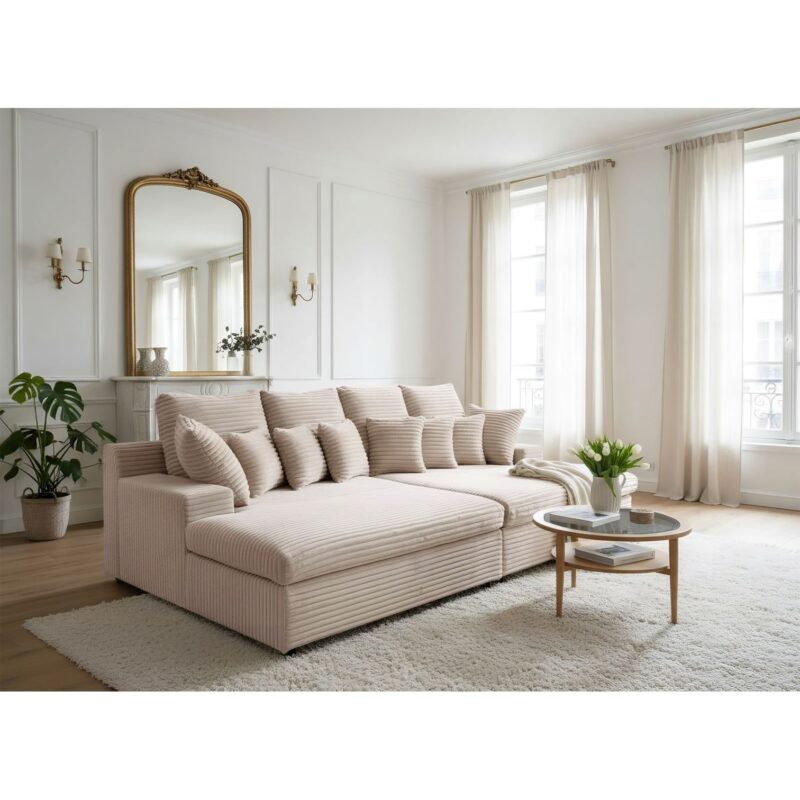 Canapé Fluffy Usinestreet : un 4 places droit avec double méridienne et velours côtelé beige pour les fans de cocooning - Canapé UsineStreet