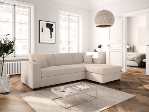 Canapé Fuji XL Usinestreet : un angle convertible en velours côtelé beige avec coffre intégré - vue détaillée