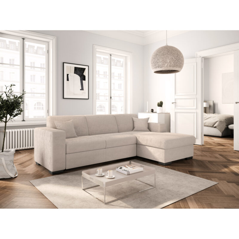 Canapé Fuji XL Usinestreet : un angle convertible en velours côtelé beige avec coffre intégré - Canapé UsineStreet