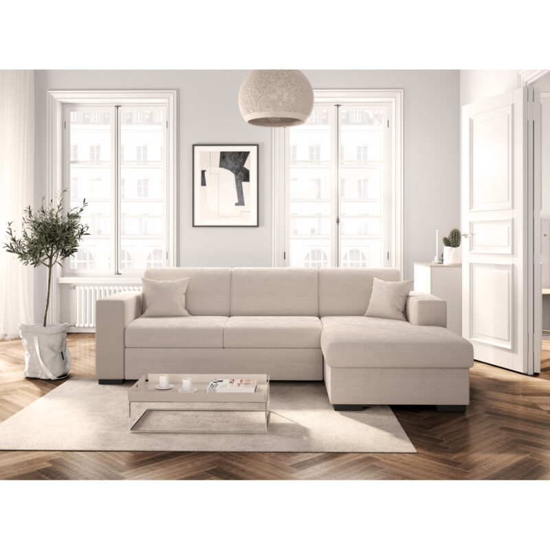 Canapé Fuji XL Usinestreet : un angle convertible en velours côtelé beige avec coffre intégré - Canapé UsineStreet