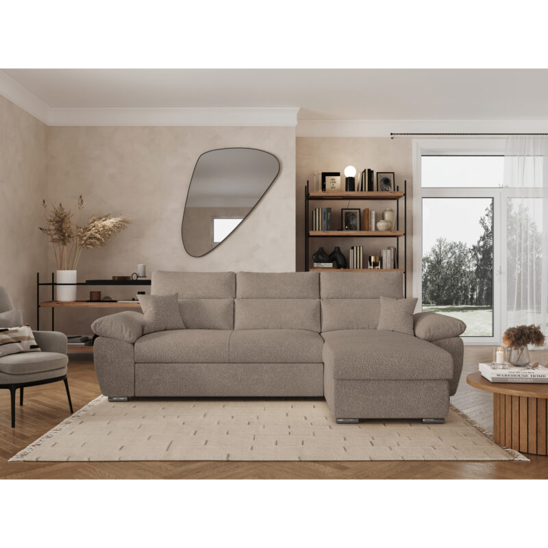 Canapé Komeco Usinestreet : un angle convertible en bouclette taupe avec coffre et têtières réglables - Canapé UsineStreet