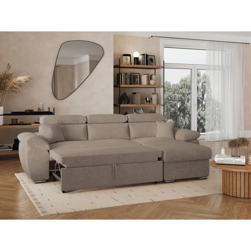 Canapé Komeco Usinestreet : un angle convertible en bouclette taupe avec coffre et têtières réglables - Canapé UsineStreet
