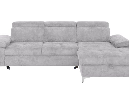 Canapé Lara Conforama : un angle convertible gris 4 places avec coffre et tétières réglables - Canapé Conforama