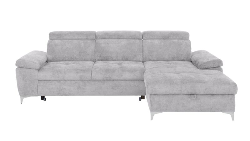 Canapé Lara Conforama : un angle convertible gris 4 places avec coffre et tétières réglables - Canapé Conforama