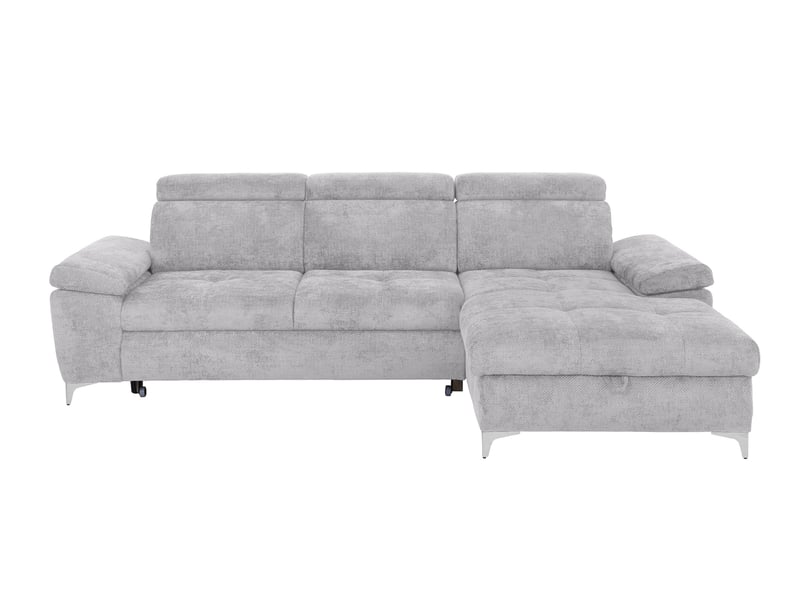 Canapé Lara Conforama : un angle convertible gris 4 places avec coffre et tétières réglables - Canapé Conforama