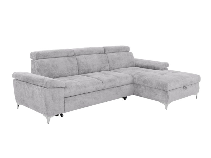 Canapé Lara Conforama : un angle convertible gris 4 places avec coffre et tétières réglables - Canapé Conforama