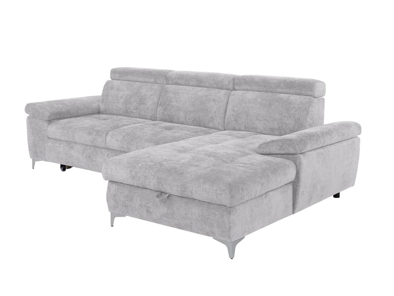 Canapé Lara Conforama : un angle convertible gris 4 places avec coffre et tétières réglables - Canapé Conforama