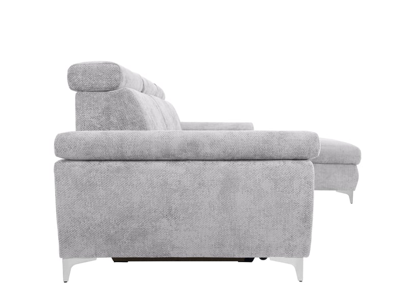 Canapé Lara Conforama : un angle convertible gris 4 places avec coffre et tétières réglables - Canapé Conforama