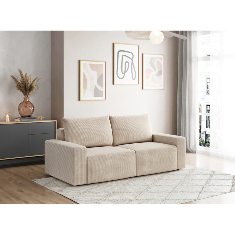 Canapé Romane Usinestreet : un 2 places en velours côtelé beige aux lignes rondes et moelleuses - Canapé UsineStreet