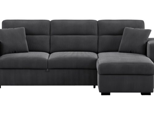 Canapé Kathy Conforama : un angle convertible gris anthracite avec coffre pour les salons qui manquent de place - Canapé Conforama