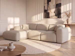 Canapé Pogni Maison Céphy : un angle gauche convertible 5 places au design arrondi pour les grandes familles