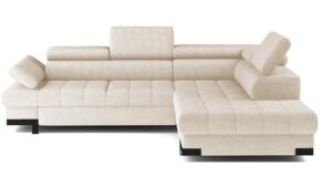 Canapé Selva Conforama : un angle convertible beige 4 places avec coffre et têtières ajustables