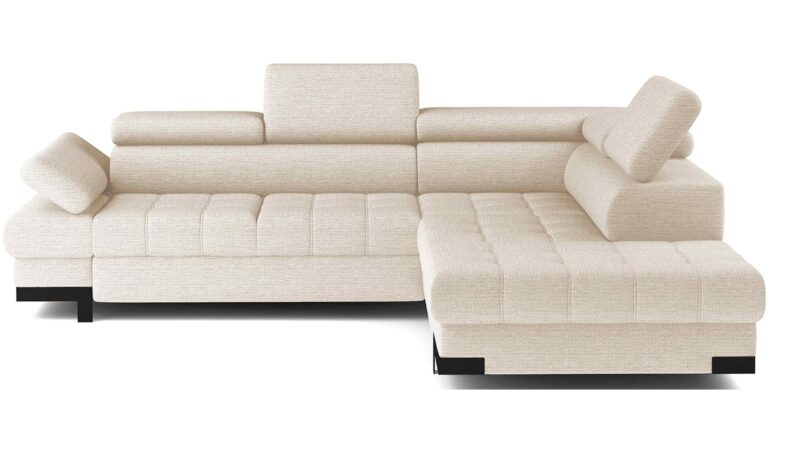 Canapé Selva Conforama : un angle convertible beige 4 places avec coffre et têtières ajustables - Canapé Conforama