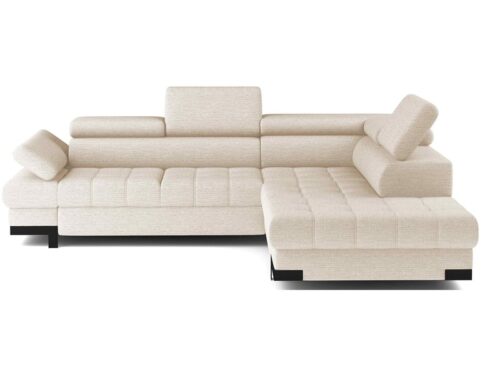 Canapé Selva Conforama : un angle convertible beige 4 places avec coffre et têtières ajustables - vue détaillée