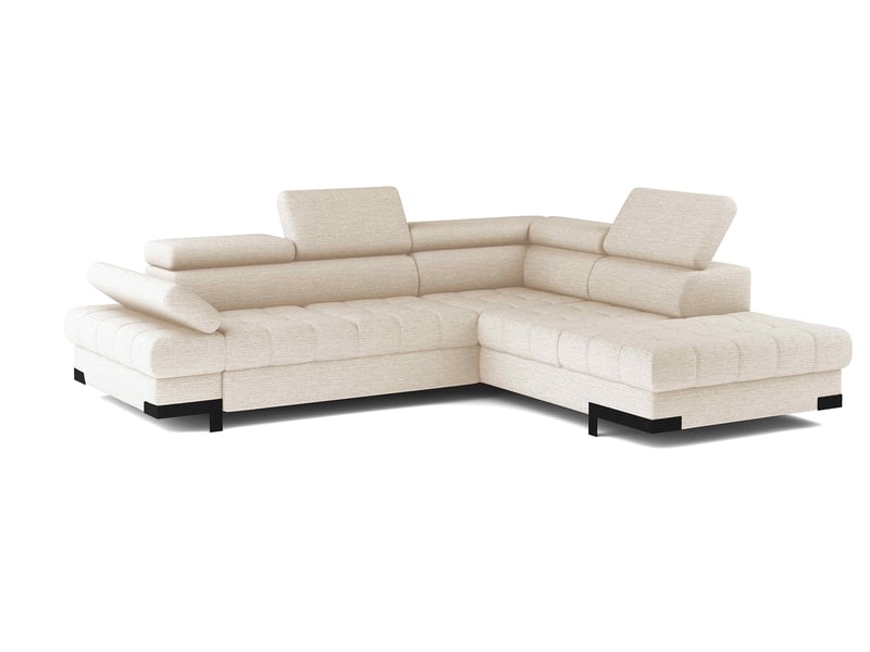 Canapé Selva Conforama : un angle convertible beige 4 places avec coffre et têtières ajustables - Canapé Conforama