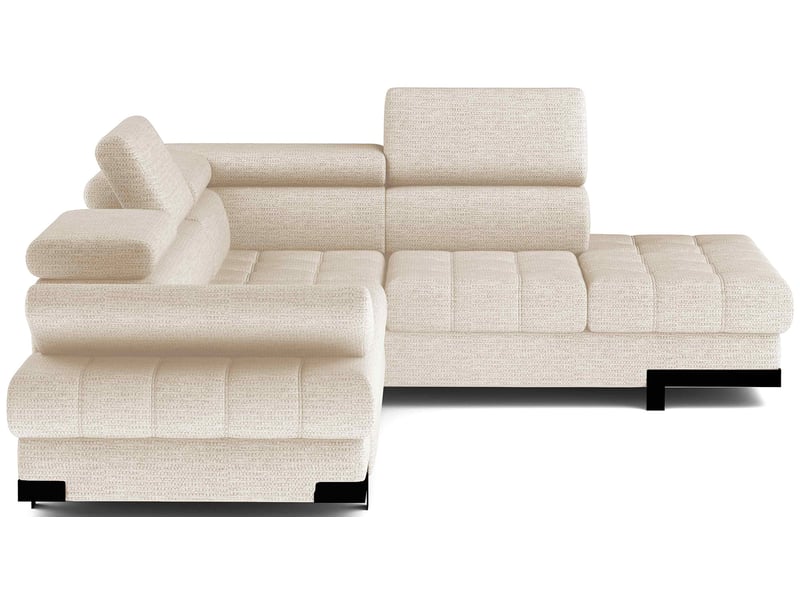 Canapé Selva Conforama : un angle convertible beige 4 places avec coffre et têtières ajustables - Canapé Conforama