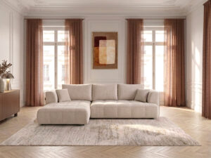 Canapé Clovis Bobochic : test du tissu lisse beige, 95 % polyester, non déhoussable